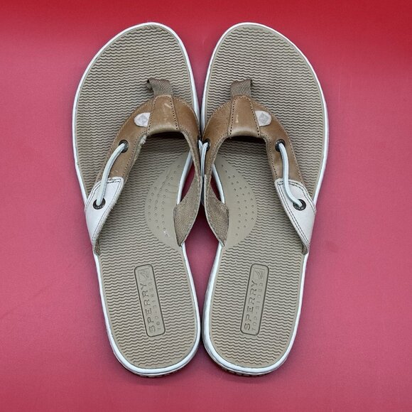 Sperry TopSider Seafish Beige Leather Thong Sandals Flip Flops Women's Size 9.5M - Picture 6 of 8